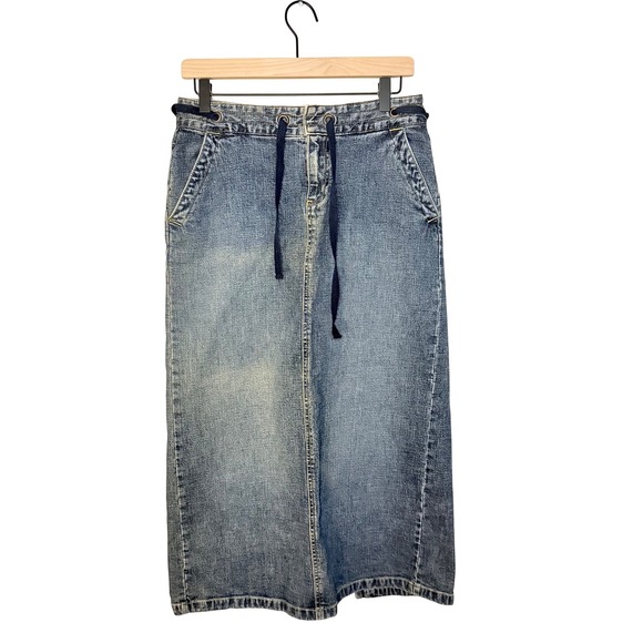 Old Navy Dresses & Skirts - Vintage 90s Old Navy Low Rise Maxi Denim Skirt Y2K Distressed Drawstring SZ 6